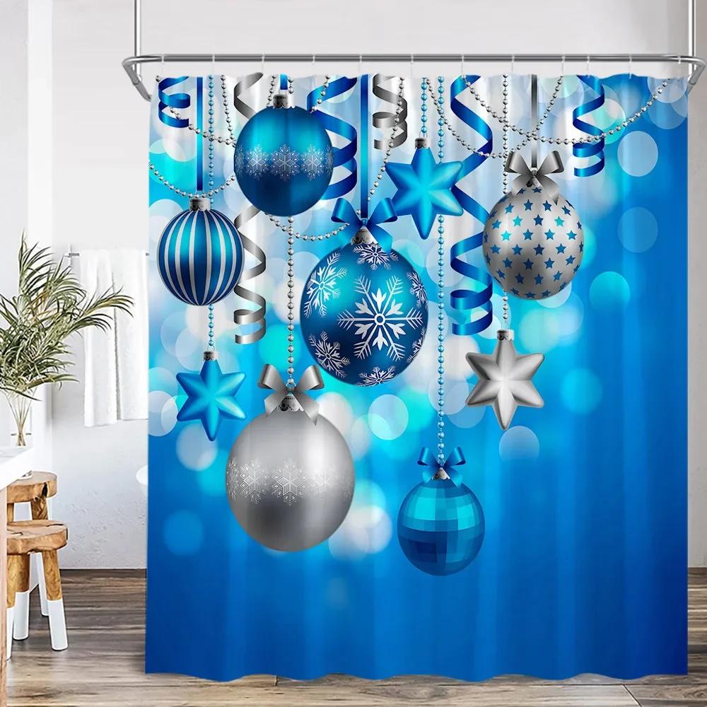 Chritsmas Shower Curtain Red Silvery Ball Xmas Balls Snowflake Pine Leaves Merry Christmas Winter Polyestert Bath Curtain Decor