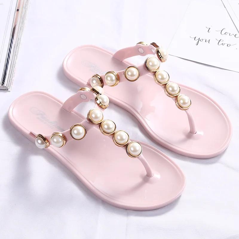 

Fashion Pearl Studs Clip Toe Sandals Women Beaded Flip Flops Anti-skid Beach Sandalias All-match Jelly Shoes Woman Slippers Pantuflas 41