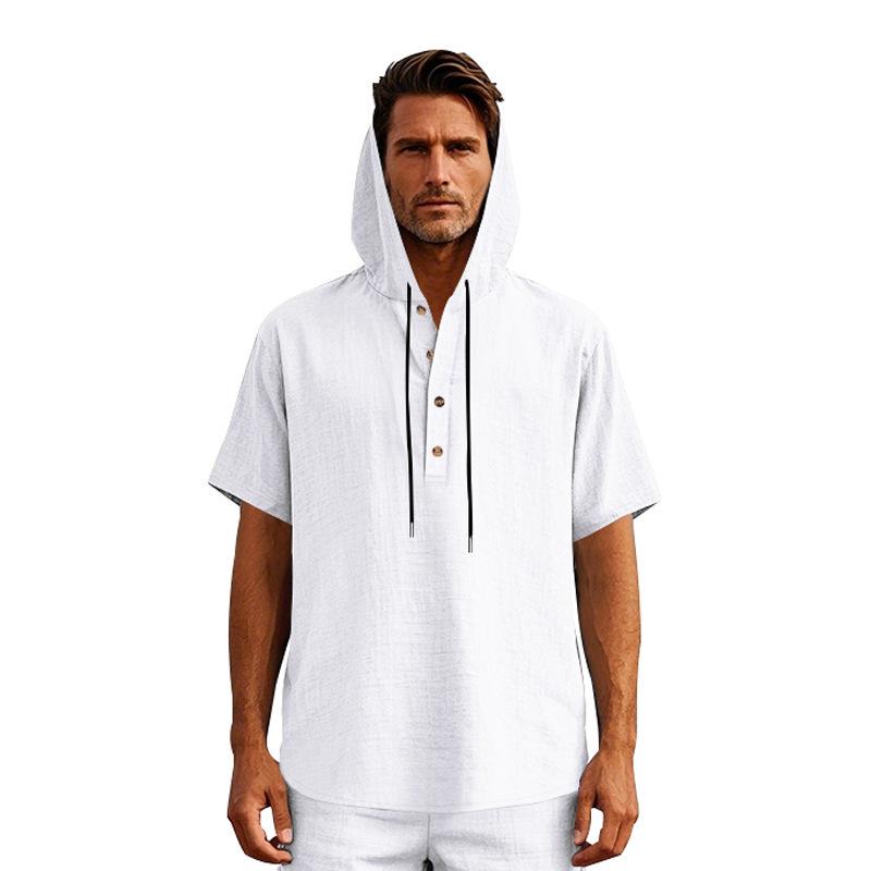 Mens Casual Linen Hooded Shirt Short Sleeve Button Down Henley Top S белый