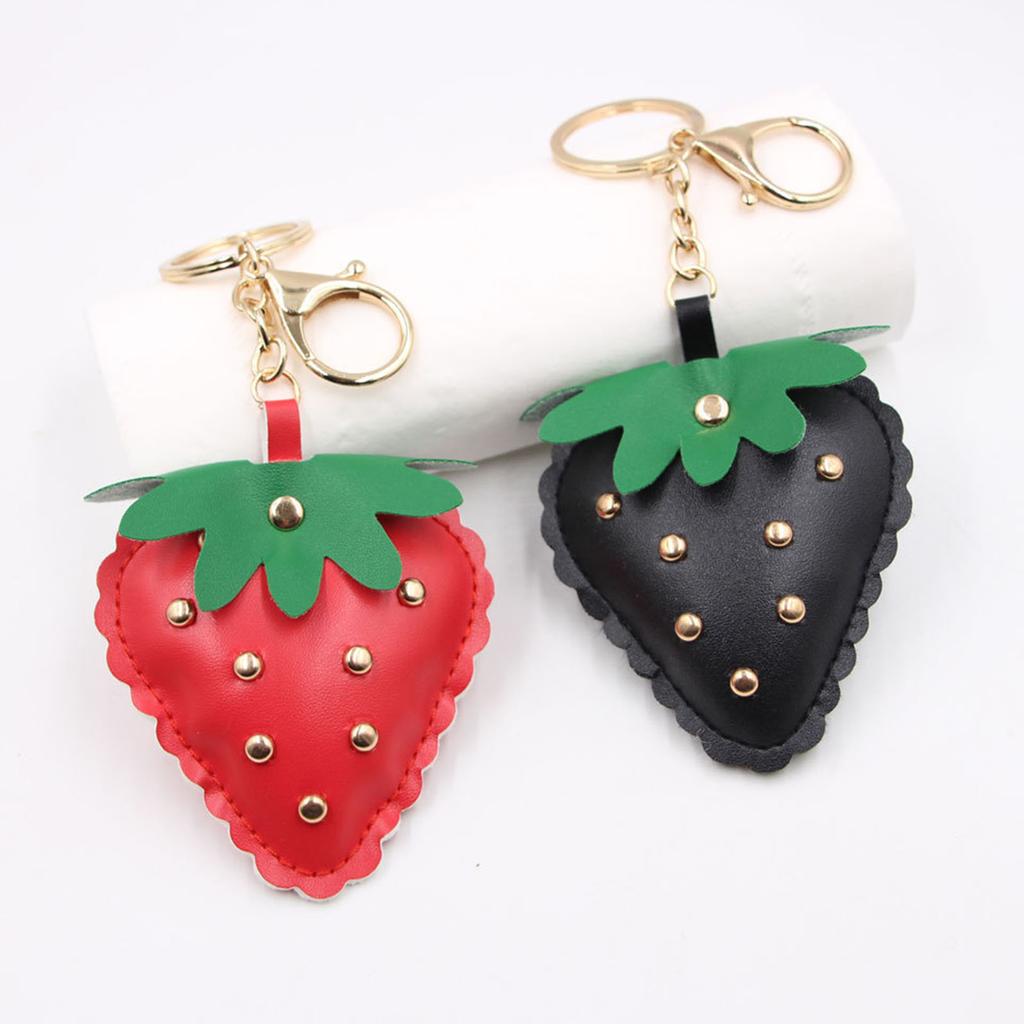 Studded Strawberry Car Keychain with Rivet Decoration PU Leather Key Ring Accessory Bag Pendant For Women Men