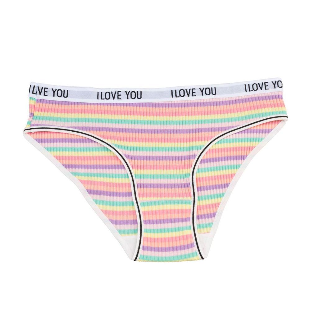 Women's Pure Cotton Ribbed Low Waist Panties: Colorful Letter, Breathable, Double-Layer Crotch, Striped Design for Girls.