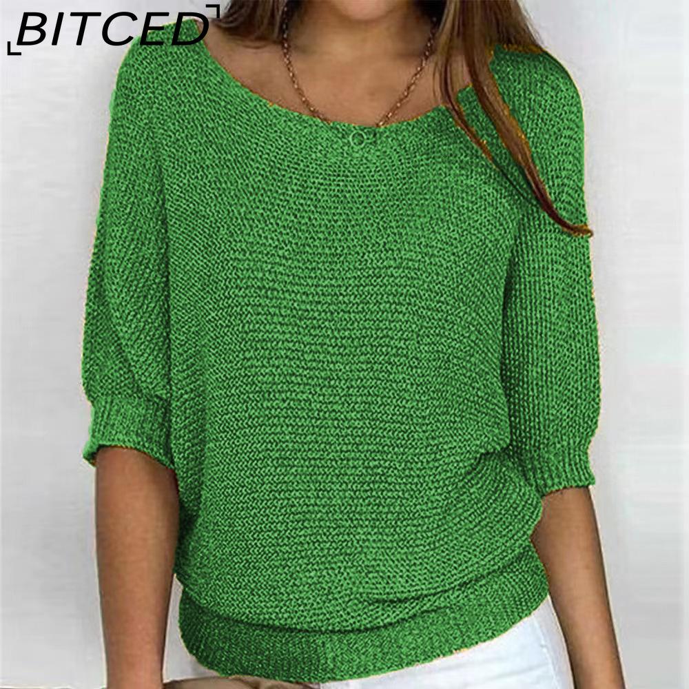 BITCED Βαμβακερό Πλεκτό Τοπ Μονόχρωμο με Στρογγυλή Λαιμόκοψη για Γυναίκες Κομψή Μπλούζα με 3/4 Μανίκια για το Γραφείο και Χώρους με Κλιματισμό