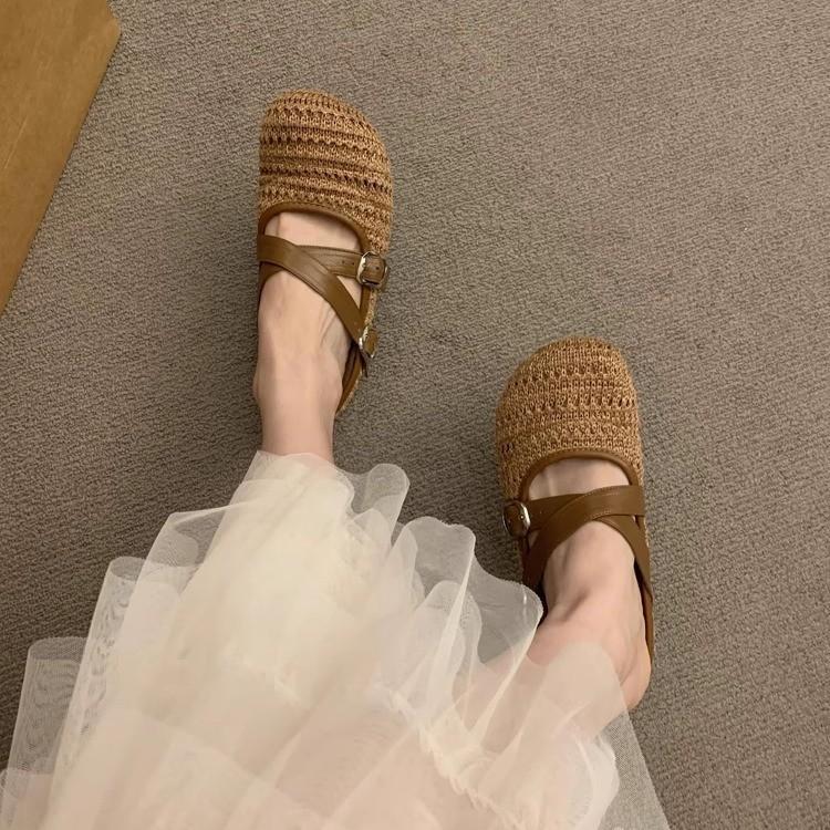 Cross-woven hollow breathable bag head half-drag women's outer wear 2025 spring and summer new thick soft bottom cool slippers
