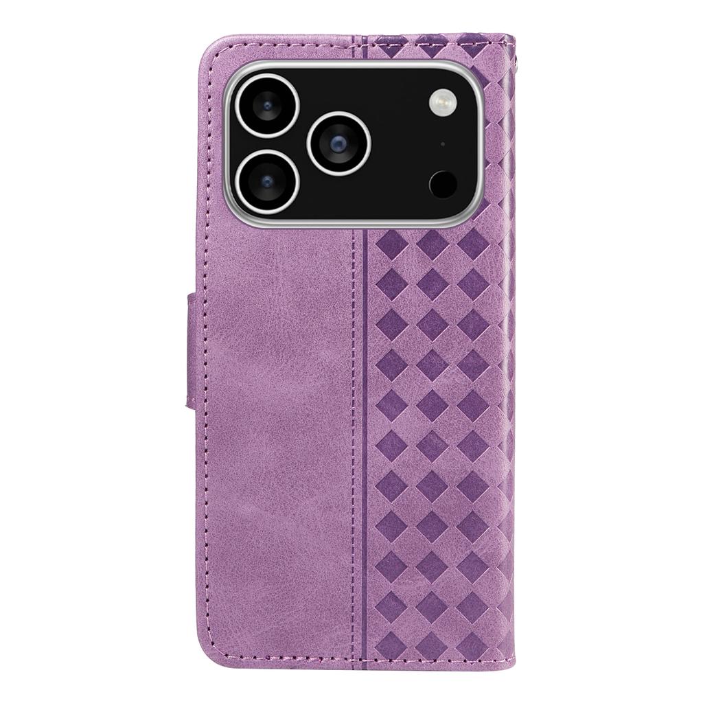 For iPhone 17 Pro Leather Case Wallet Stand Grids Imprinted Phone Cover with Strap