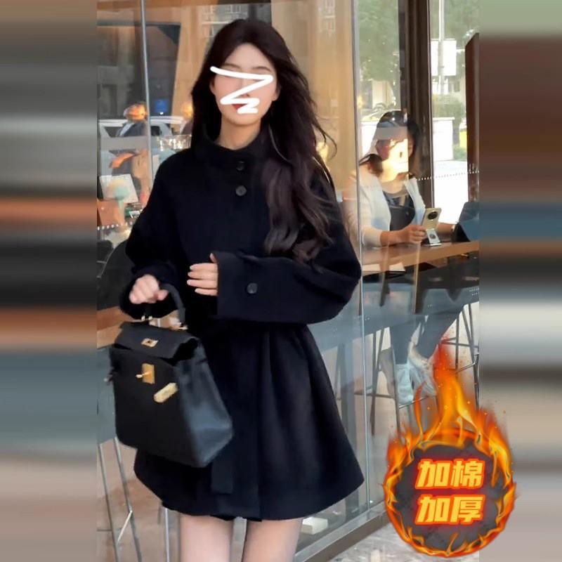 Womens Black Wool Blend Coat Winter Thick Oversized Korean Style Elegant Long Sleeve Trench