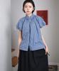 COTTON BELL Smoked Balloon Blouse - Blue Check