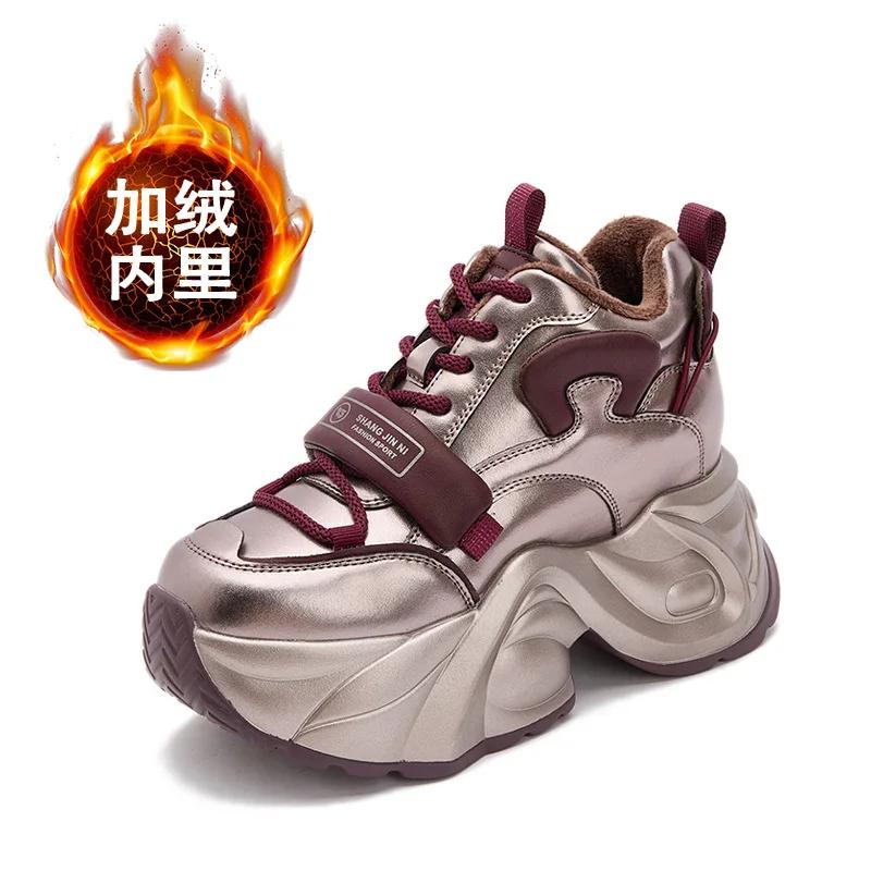 Fashion 9CM Microfiber Leather Autumn Casual Spring Platform Wedge Flats Fashion Chunky Sneakers Women Vulcanize Winter Shoes