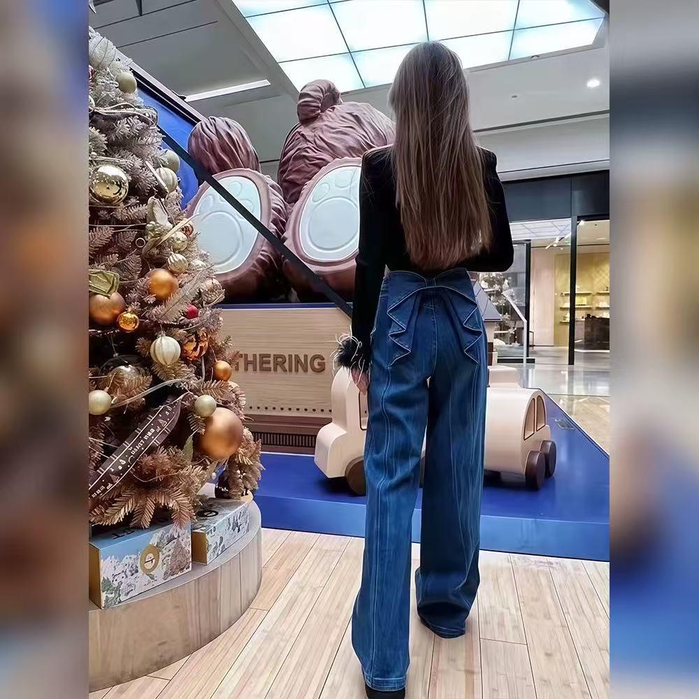 Liu Yifei Style Bowknot High-Waist Loose Denim Pants for Women Medium синий