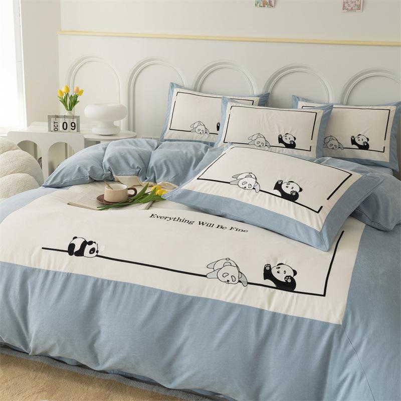 Leichte, luxuriöse Panda-Stickerei, große Ecke, passendes Bastelset, vierteiliges Set, Brokat-Baumwolle, hautfreundliches, weiches Bettlaken, Bettbezug, Bettwäsche