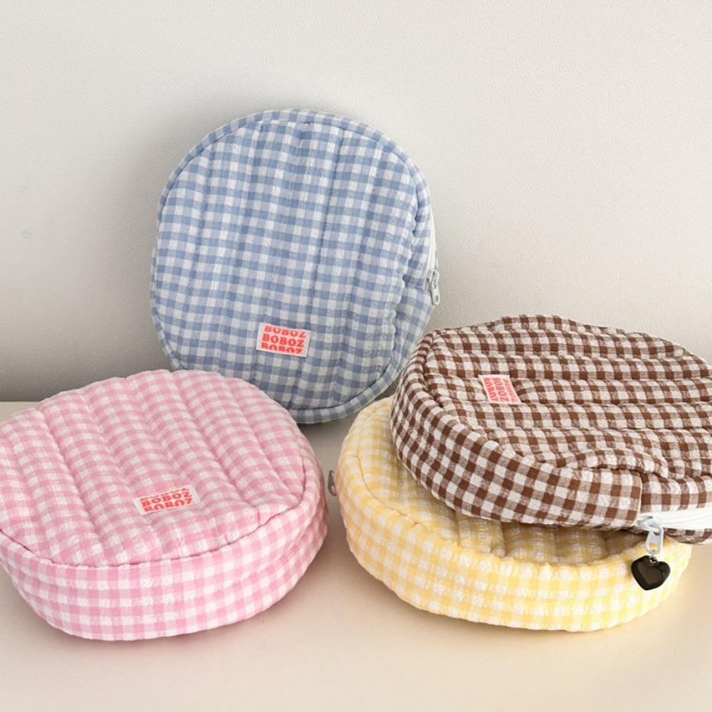 

Round Plaid Toiletry Organizer Large Capacity Cotton Coin Purse Creative Ins Cosmetic Bag Outdoor рожевий