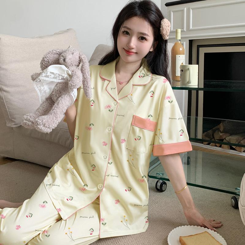 Contrasting color imitation cotton pajamas women's summer short-sleeved trousers small floral large-size loungewear medium mother suit