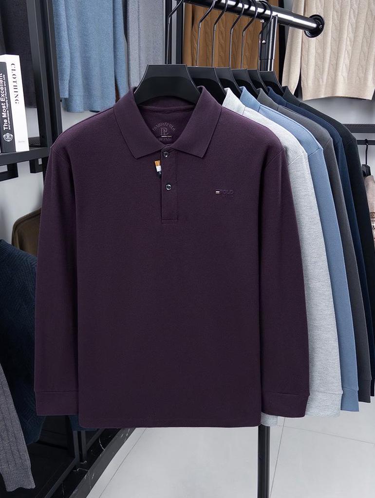 Men's Autumn Turn-Down Collar Long Sleeve Polo Shirt - Solid Color Embroidered & Loose Fit