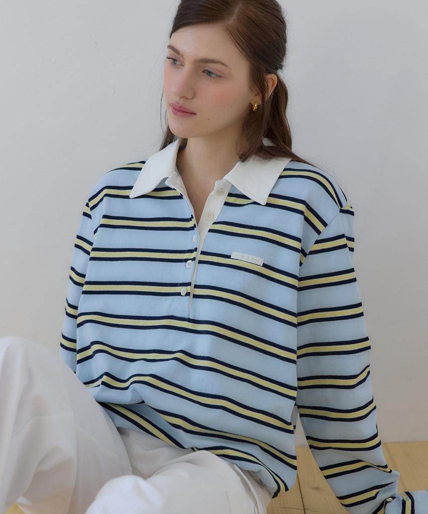 OURHOPE Sorbet Stripe Silvery Pique Sleeve T-Shirt - Sky Blue