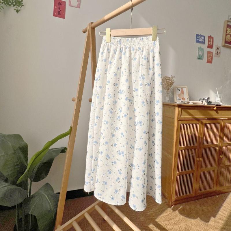 Women's Summer Textured Heavy Chiffon Soft Sweet Romantic Floral High-Waist Flared Fairy Midi Skirt - Ethereal A-Line Silhouette