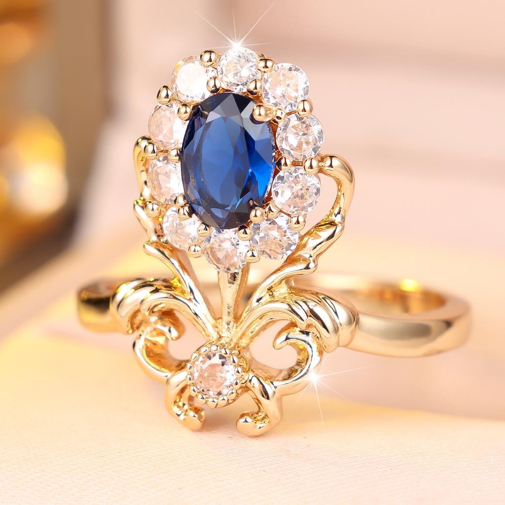 Small Female Luxury Blue Crown Zircon Stone Ring Vintage Gold Color Wedding Jewelry For Women