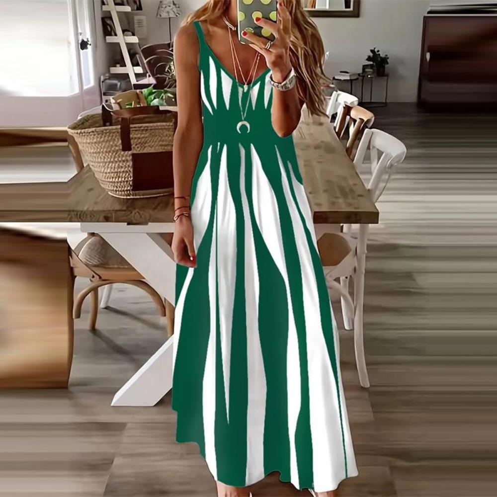 LYRIA Sexy Sleeveless Dress Women Black White Stripe Printed Long Dresses Summer Casual Vacation Party Dress Robe