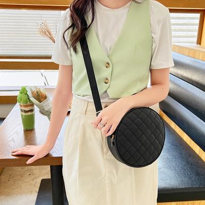 Bag Women's New Solid Color Rhombus Embroidered Messenger Small Round Bag with Change Small Bag Fashionable One