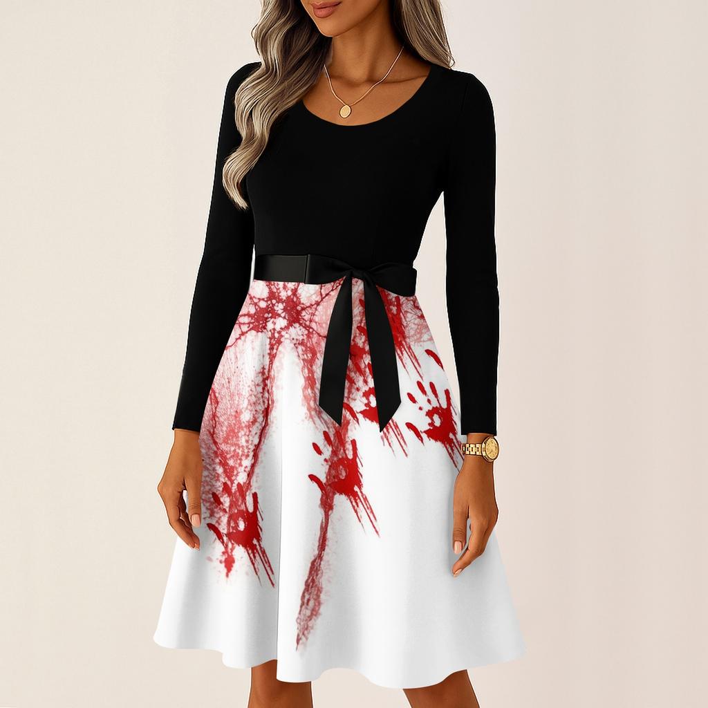 Women's Casual Long Sleeve Halloween Print Vintage Dress Round Neck A-Line Fit and Flare Midi Dress with Bowknot Waist