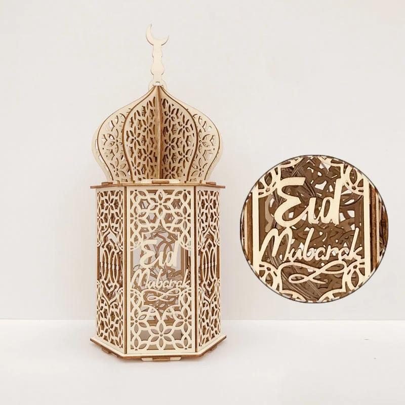 Eid Mubarak Wooden Pendant With Led Candles Light Ramadan Decorations For Home Islamic Muslim Party Eid Ramadan Decoration