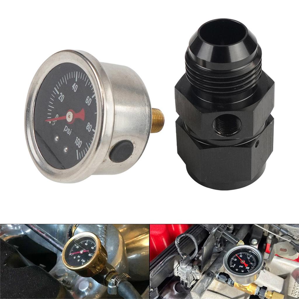 Fuel Pressure Gauge with 4AN Fuel Pressure Take Off Fitting, 0-100Psi, 1-1/2" Black Dial, 1/8"NPT Center Back Mount