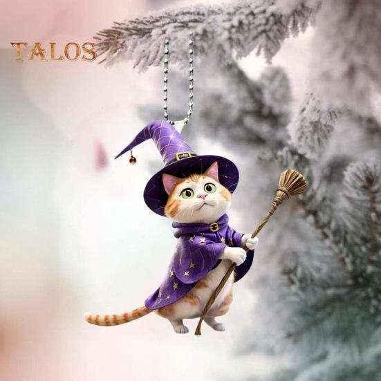 Wizard Hat Cat Hanging Decoration Home Indoor Christmas Tree Car Rearview Mirror 2D Flat Acrylic Broom Kitten Hanging Ornament Animal Pendant