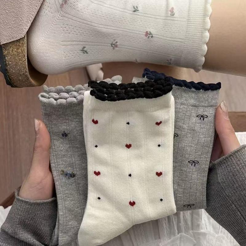 Floral White Socks - Breathable Mid-calf Socks Suitable for Spring and Autumn, Cute Frilly Socks with Multiple Layers, Summer Lightweight Long Socks