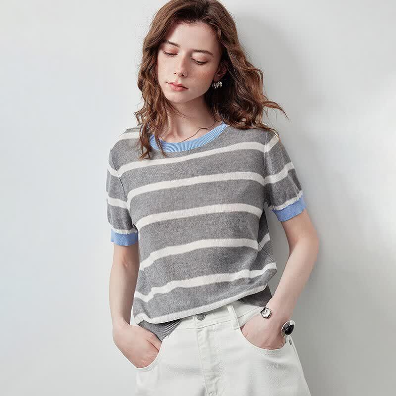 Chuyu Women's Lyocell Retro Stripe Short-Sleeve Knit Top