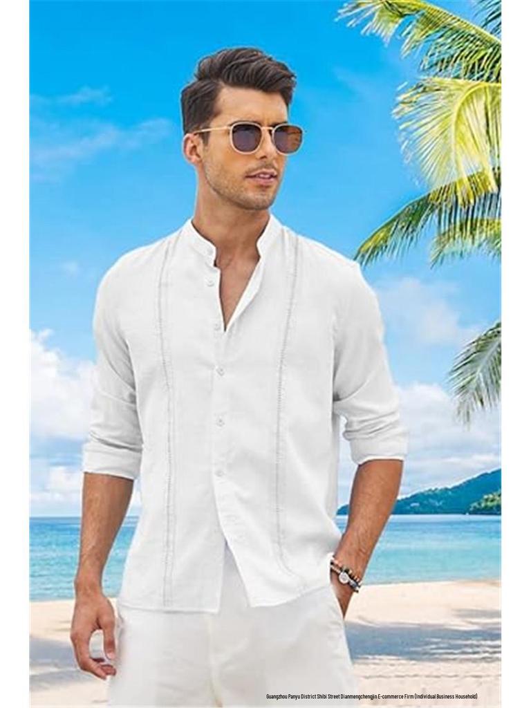 Men's Casual Cotton Linen Stand Collar Shirt - European & American Style for Summer Beach Vacation 2026