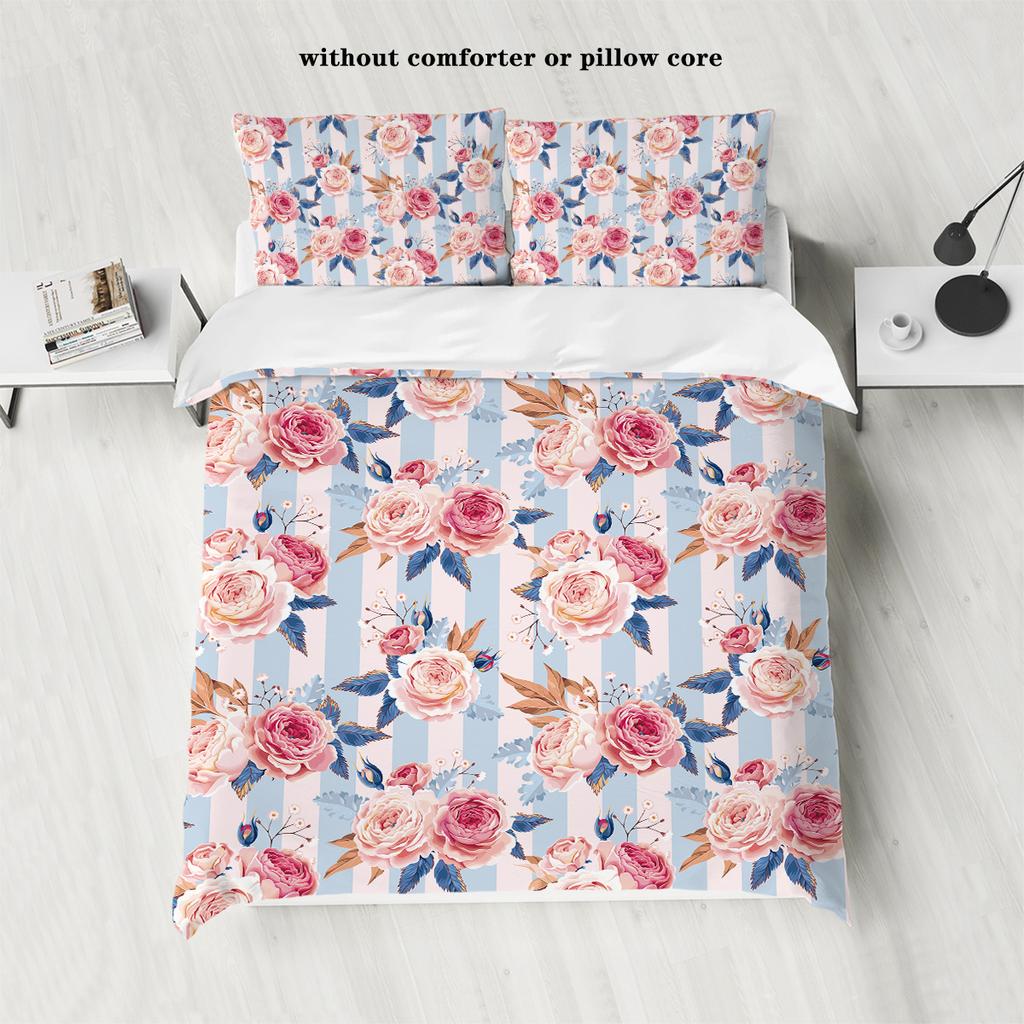 3-piece Natural Pink Floral Pattern Printed Down Duvet Cover (1 Duvet Cover+2 Pillowcases, No Core) Bedding Set