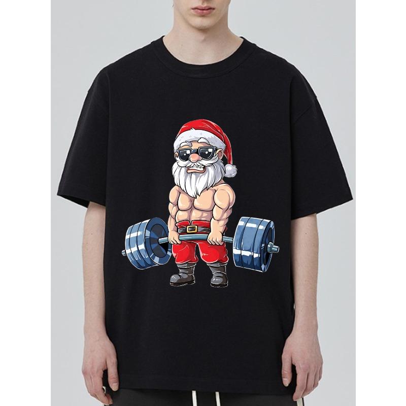 Men's Black T-Shirt Santa Claus Lifting Barbell Cartoon Print Casual Wear for Christmas Gym Fitness Fun Holiday Gift