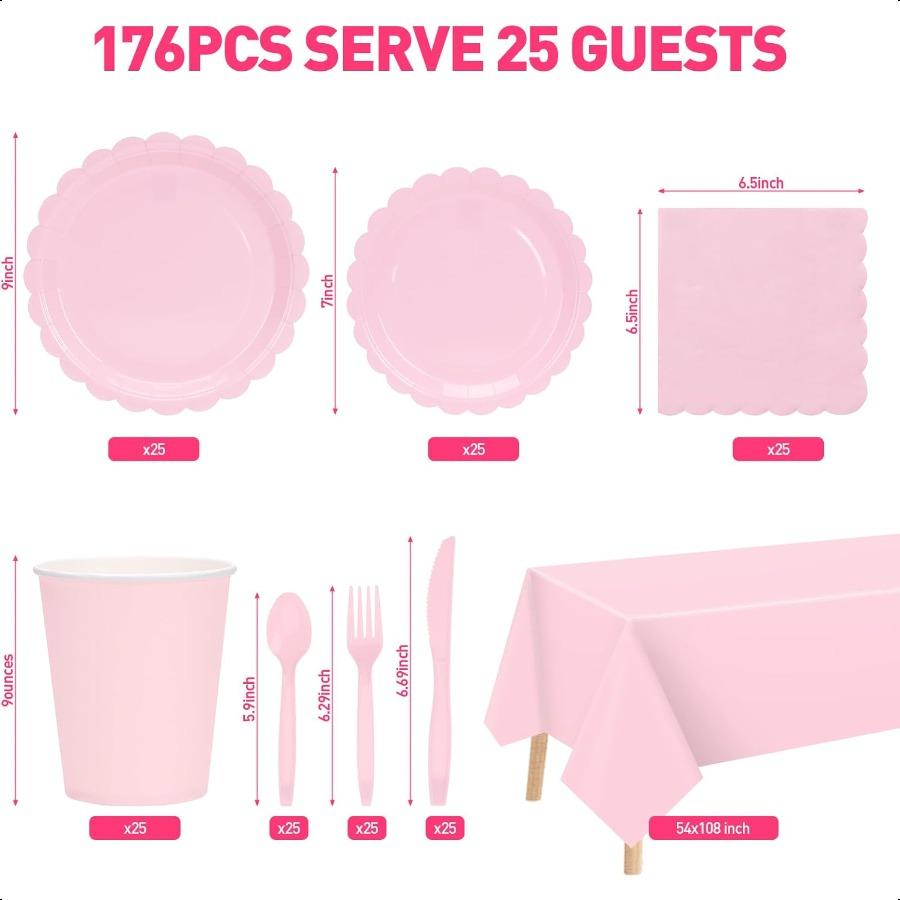176 Pcs Pink Paper Plates and Napkins Light Pink Party Supplies Include Scalloped Paper Plates Napkins Cup Plastic Tablecloth S