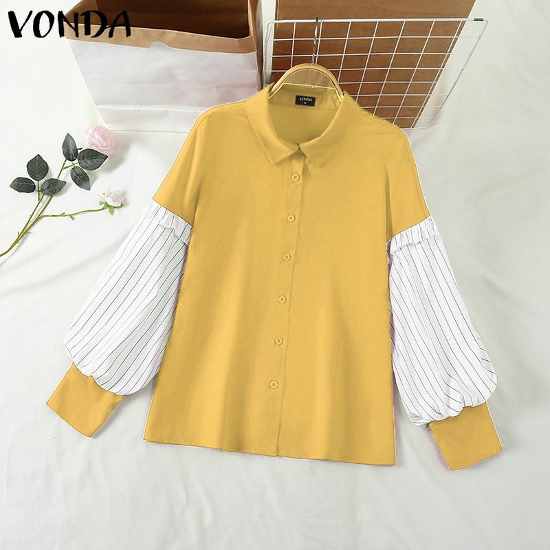 VONDA Women Lapel Neck Long Sleeve Striped Patchwork Buttons Up Loose Shirts Blouse