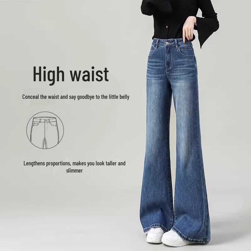 Women's High-Waisted Wide-Leg Flared Jeans - Spring 2025, Slimming, Loose-Fit, Non-Cling, Blue