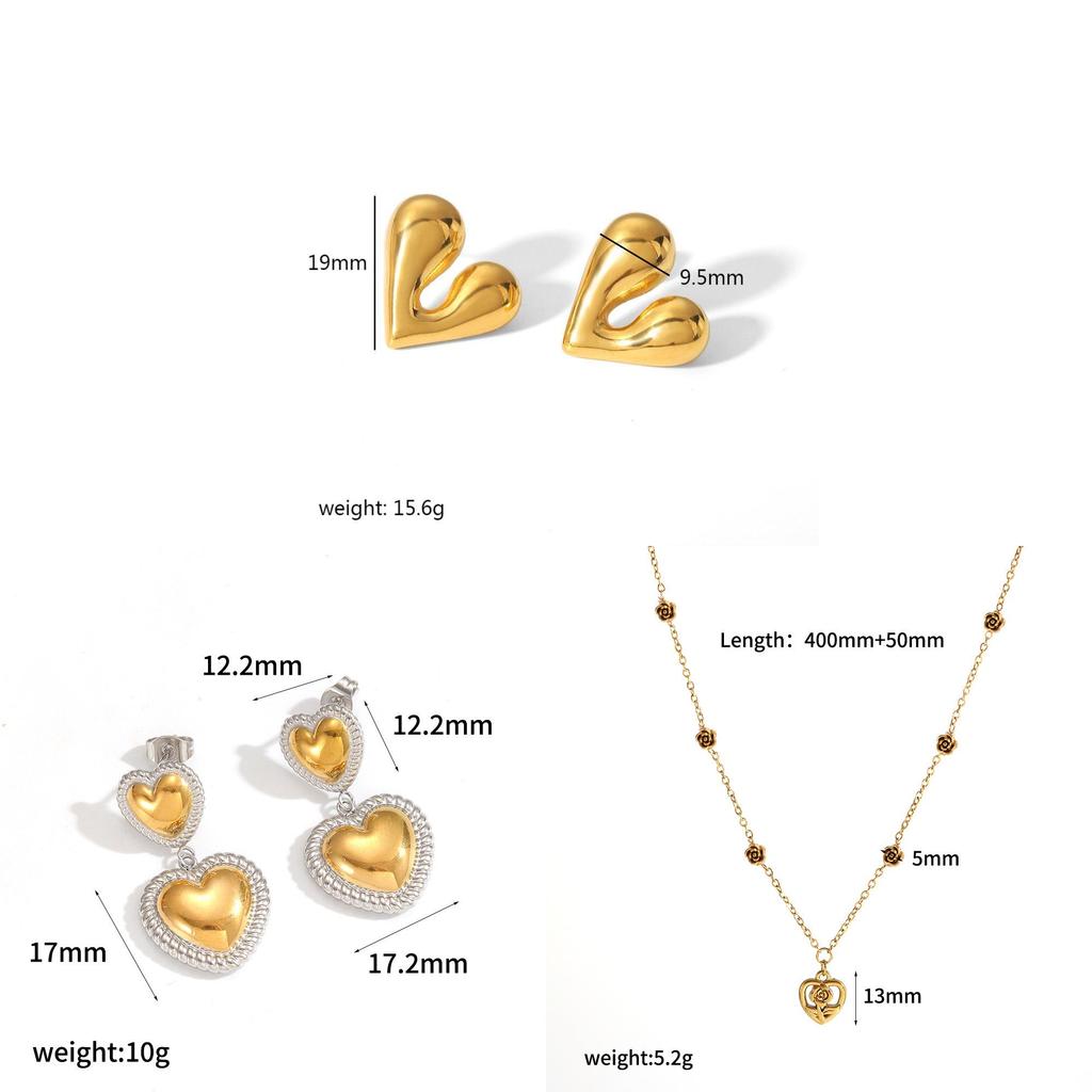 Stainless Steel Heart Layered Earring Set With Geometric Pendant For Women