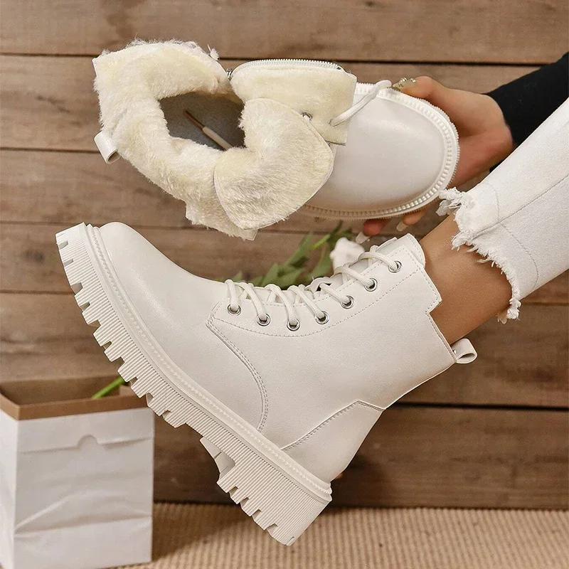 Thick Warm Long Plush Ankle Boots for Women Winter Lace Up Pu Leather Motorcycle Boots Woman Plus Size Short Booties Shoes