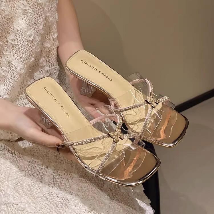 Square head slippers women's new summer outer wear crystal and transparent rhinestones with skirt leisurely sandals