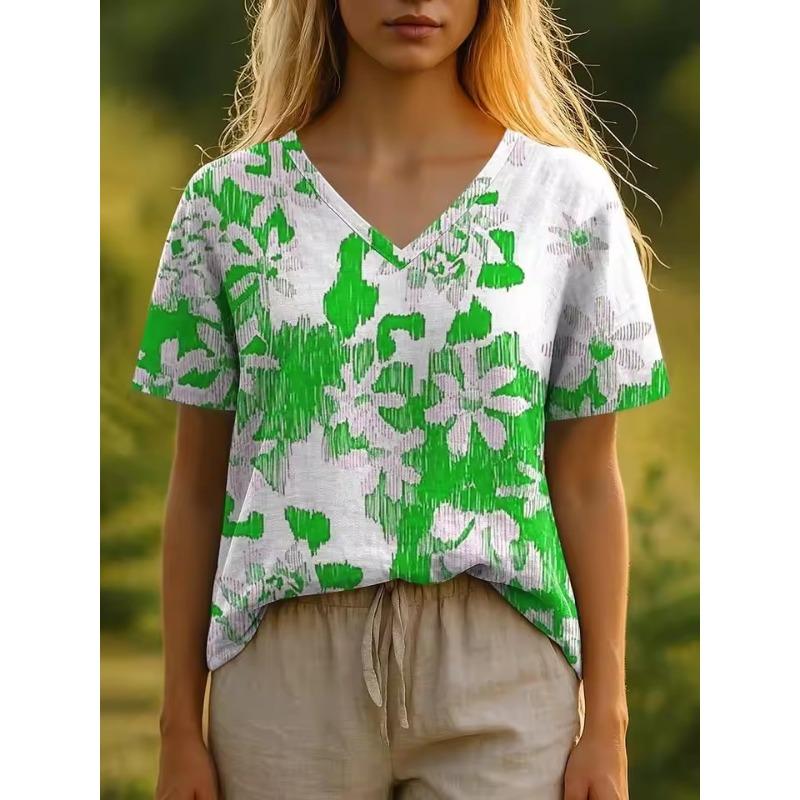 3D T-Shirt Flower Summer Women's T-Shirt Floral Pattern Bohemian Style Casual Short-Sleeved V-Neck Loose Women's Clothes