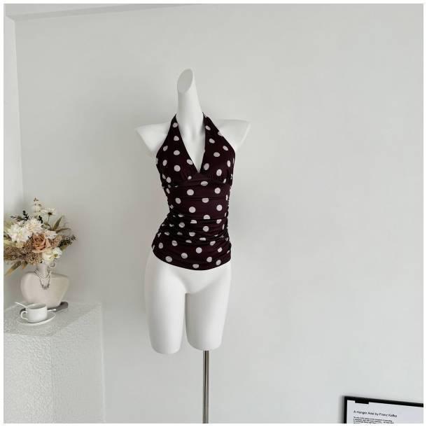Trendy French Polka Dot V-Neck Halter Tank Top with Waist-Cinched Open Back XL коричневый