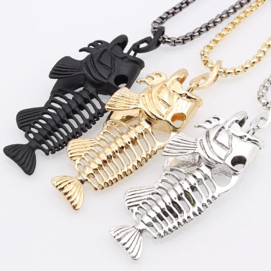 Fish Bone Necklace, Punk Street Style Hollow Fish Skeleton Pendant Design, Durable Alloy Chain for Women And Girls