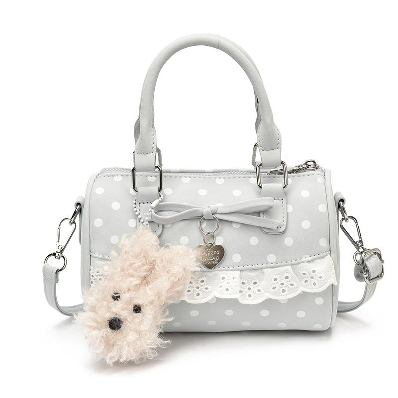Retro Polka Dot Bow Boston Bag Korean Lace Embroidery Trim Crossbody Bag Women Cute Lolita Zippered Handbag With Pendant