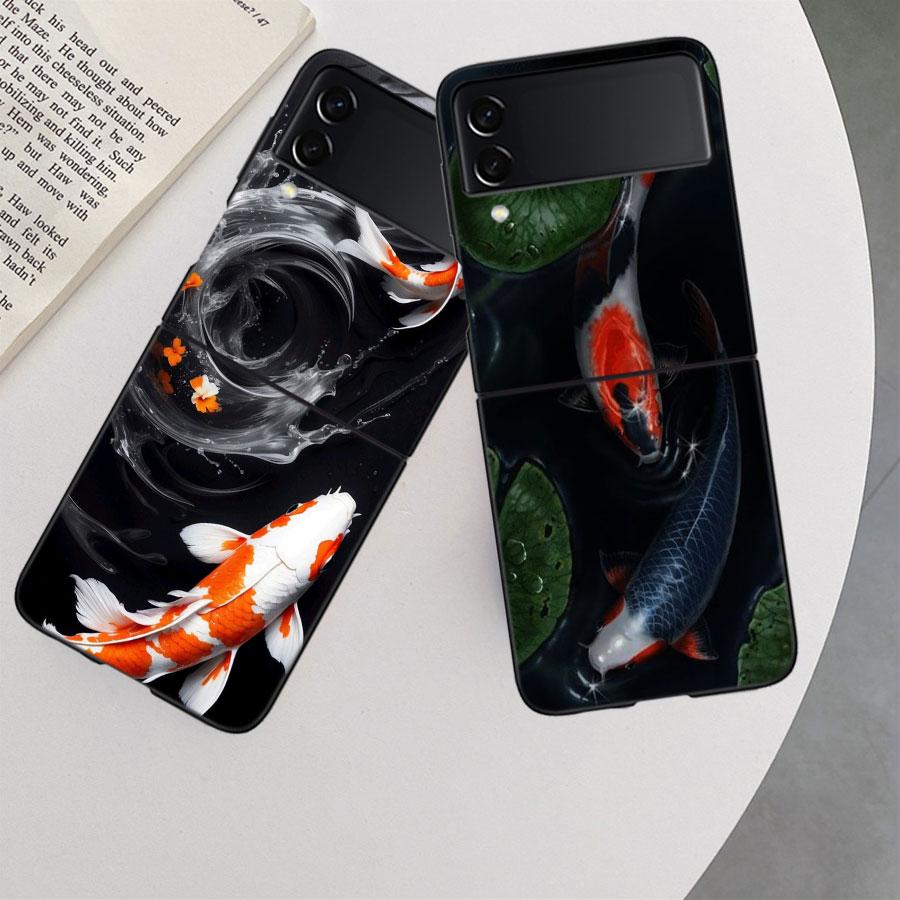 High End Ornamental Fish and Koi Carp Phone Case For Samsung Z Flip 7 6 5G Galaxy Z Flip 5 4 3 Black Hard Cell Cover Luxury PC