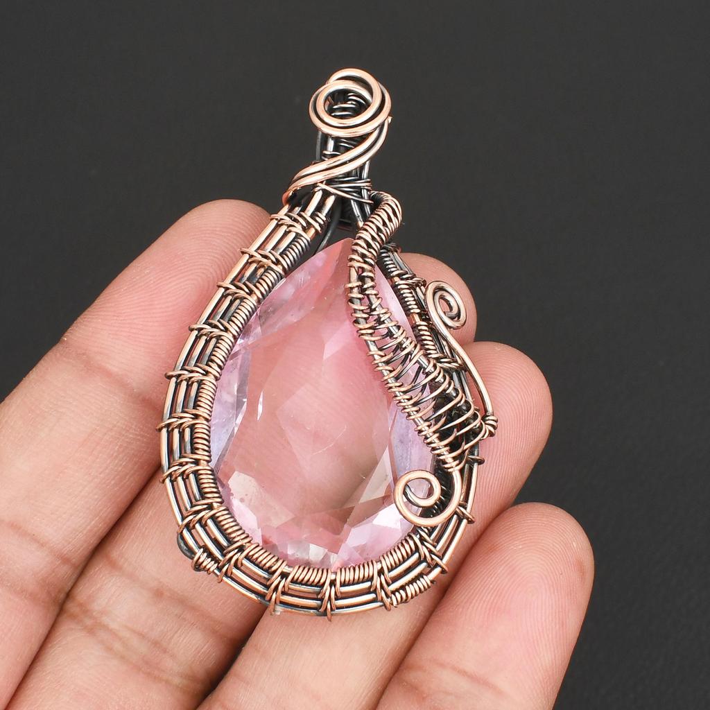 Exquisite Hand Woven Copper Tree of Life Style Pendant  Faceted Pink Topaz GemStone Pendant Charm Unique Anniversary Gift
