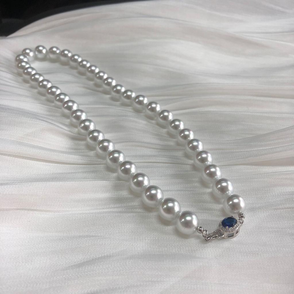 Round strong light artificial blue blood Australian white pearl necklace, cold with colored silver blue light collarbone chain