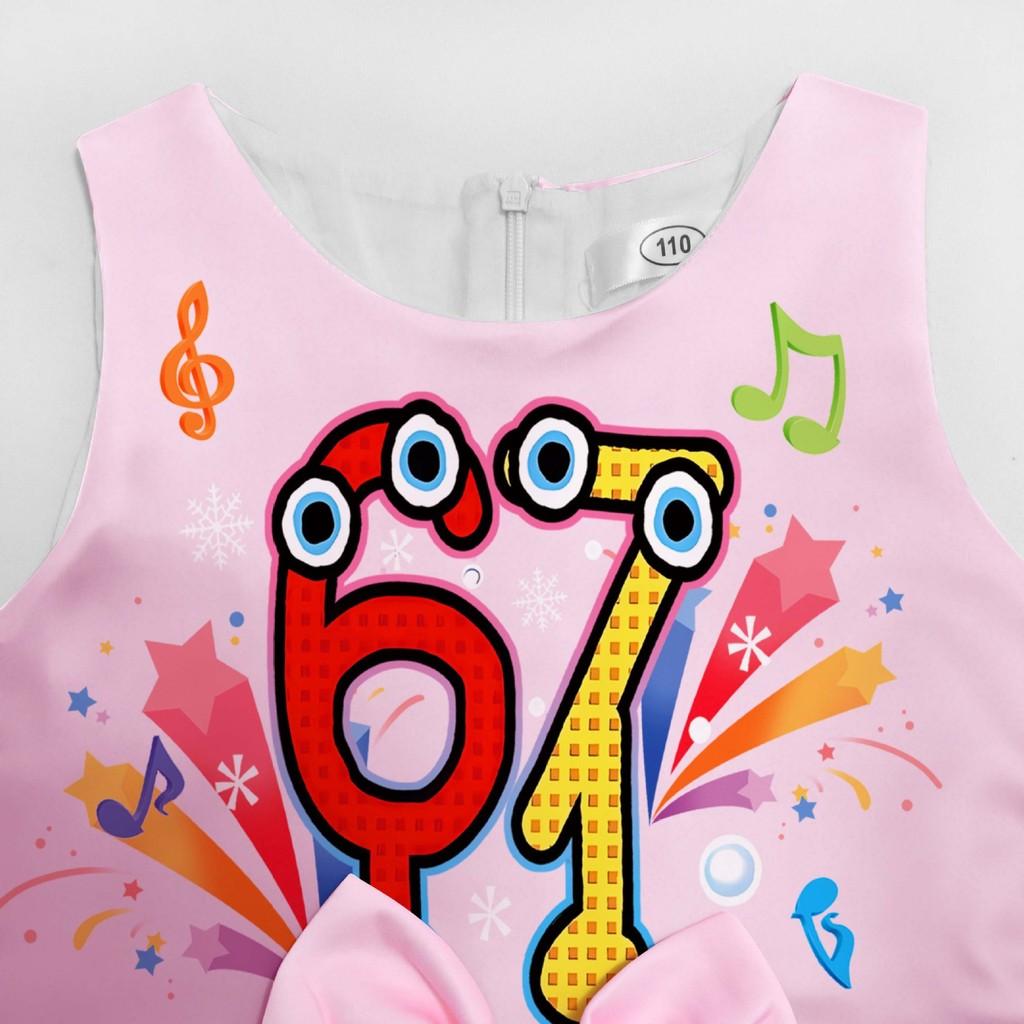 94238 Girls Steal A Brainrot 67 Printed Bow Party Sleeveless Princess Dress