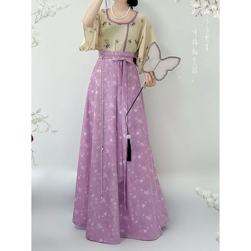 Chinese Song Dynasty Style Hanfu For Women, Printed Improved Crew Neck Shirt And One-piece Skirt Daily Suit