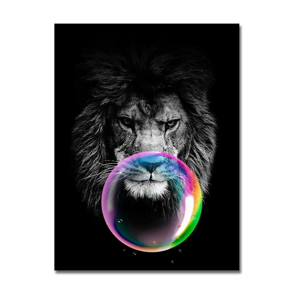 Black Cat with Colorful Bubbles Poster Cute Animal Giraffe Elephant Lion Posters and Prints Wall Arts Canvas Painting Home Decor