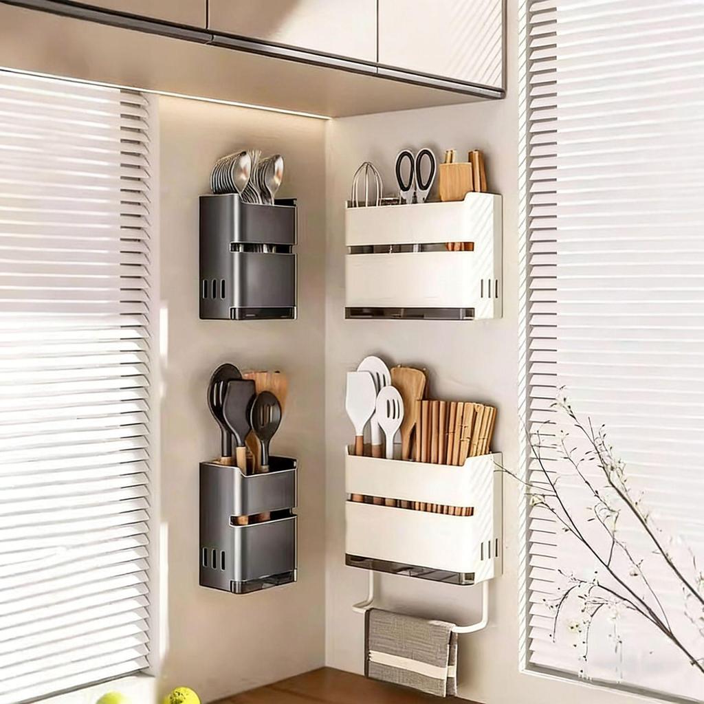 Wall-Mounted Kitchen Chopsticks & Utensil Holder with Draining Basket and Rag Rack