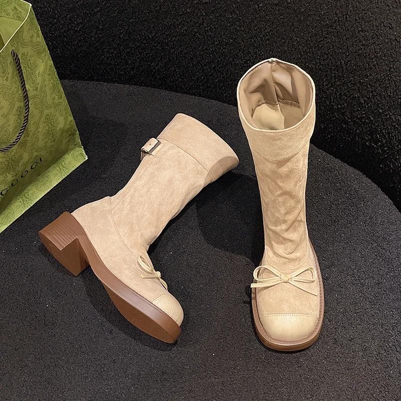 Fashion Women Platform Boots Khaki Suede Pleated Mid-calf Boots Retro Fashion Bowknot Outdoor Western Cowboy Boot Boots Woman 2024 Trend