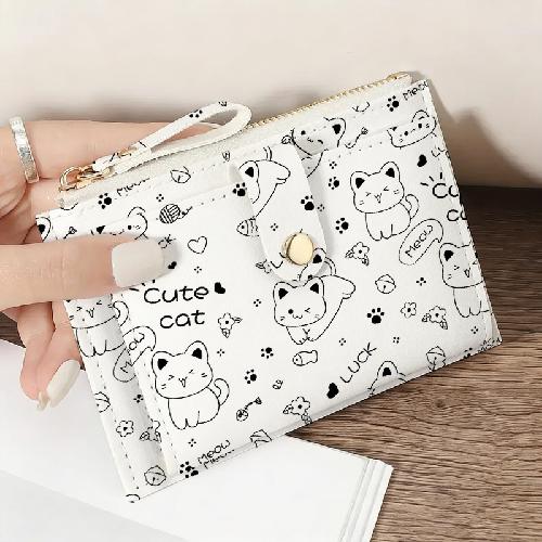 Cute Cat Ultra Thin Card Holder for Women, Lightweight Zipper Multi-Slot Wallet, Slim Card Case for Daily Carry