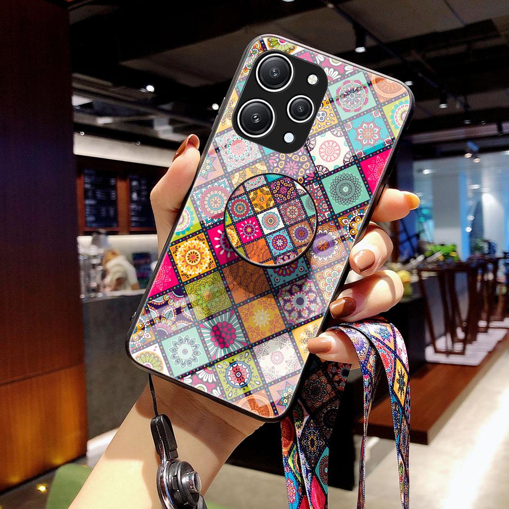 

For Xiaomi Redmi 12 4G Tempered Glass+PC+TPU Phone Case Flower Pattern Kickstand Cover with Lanyard Color Pattern